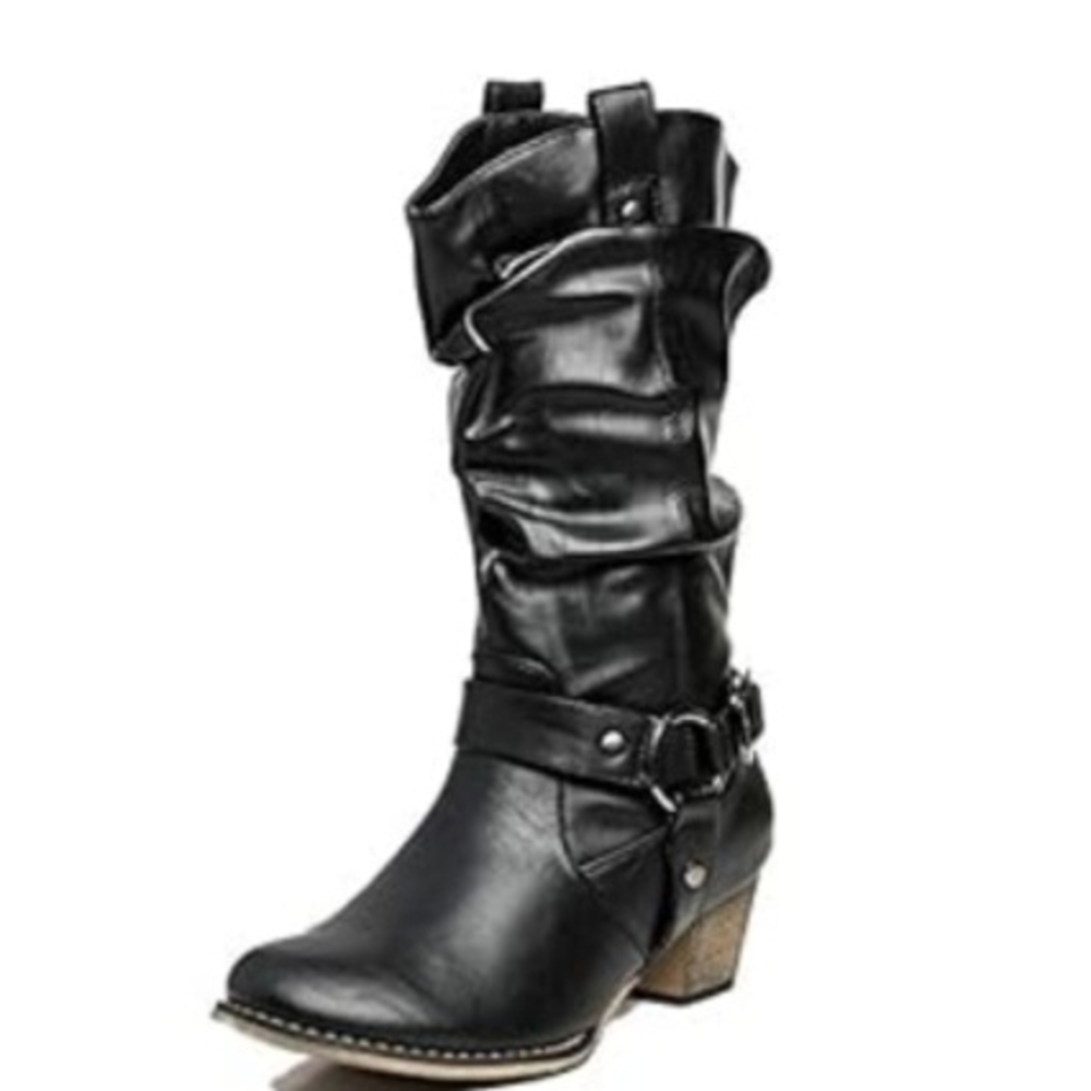 Refresh Black Fold-Over Buckle Ankle Boots